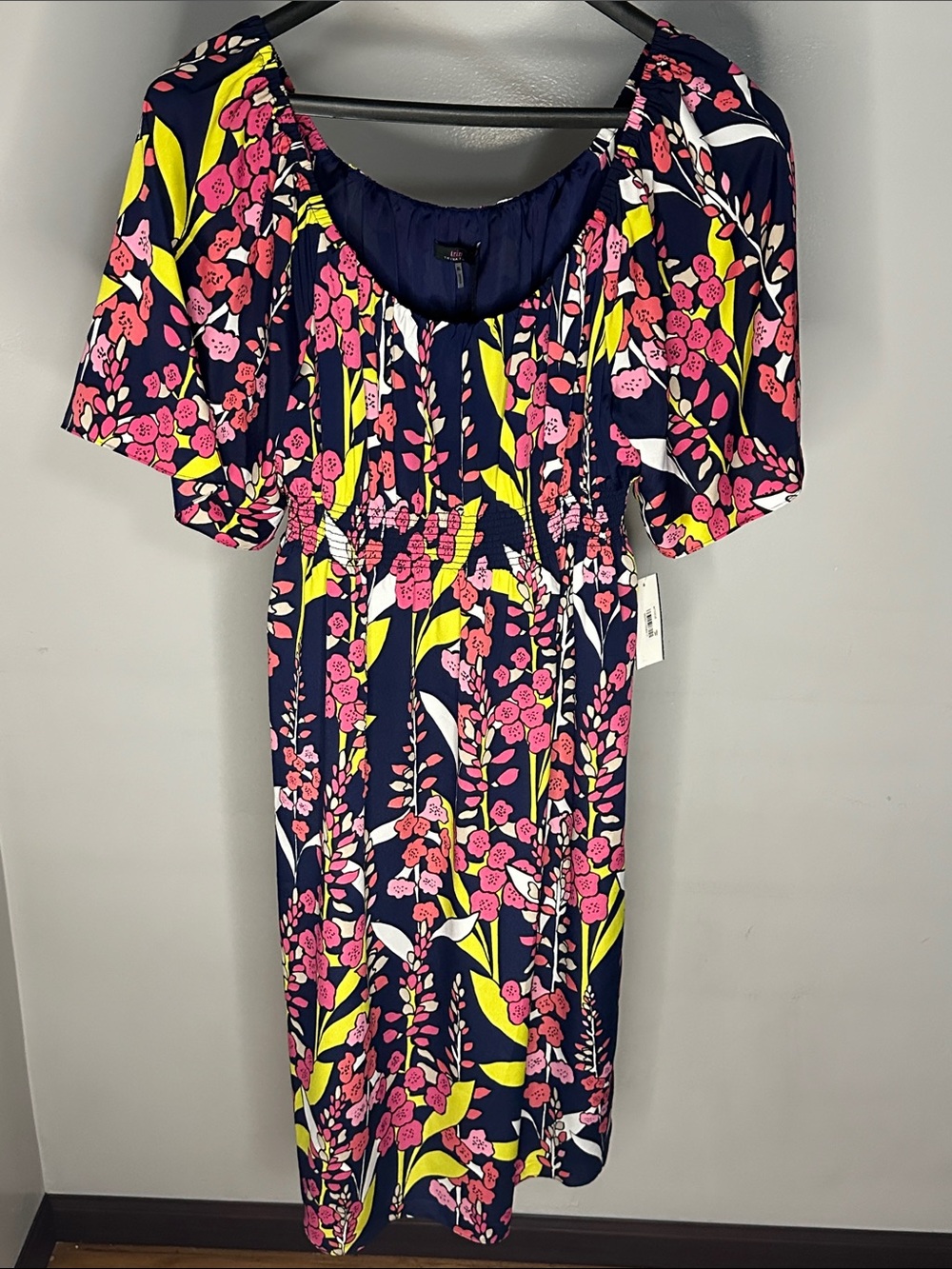 Trina Turk Navy Floral Midi Dress with Pink & Yellow Blooms